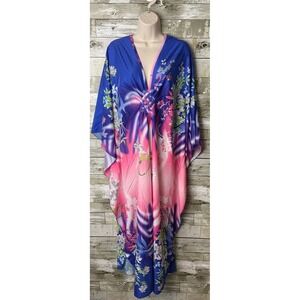 BSubSeach Womens Plus Blue Pink Floral Kaftan Beach Coverup Dress OS